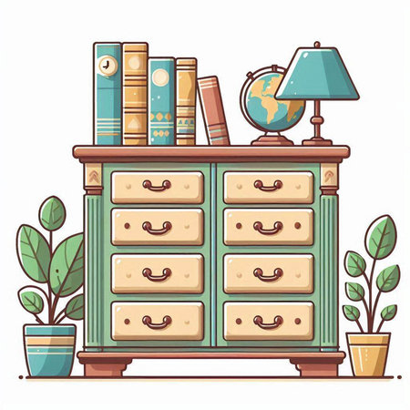 Cartoon illustration of a chest of drawers with books and a globeのイラスト素材