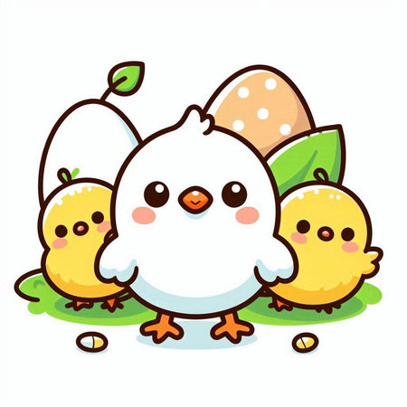 Cute little chicken and chicks on white background. Vector illustration.のイラスト素材