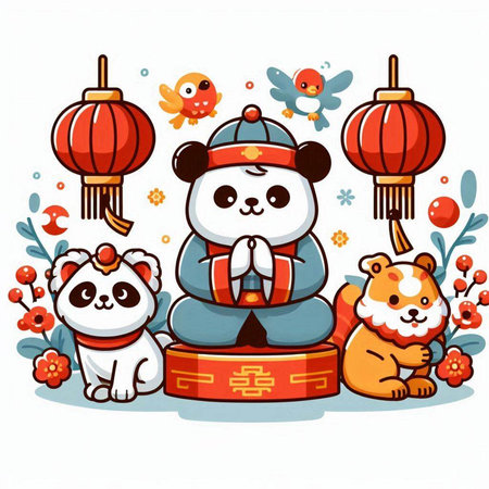 Cute cartoon panda bear with chinese lanterns. Vector illustration.のイラスト素材