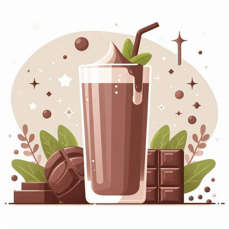 Chocolate milkshake with whipped cream and chocolate pieces. Vector illustration.のイラスト素材