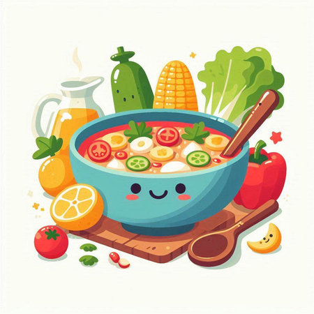 Cartoon vector illustration of a bowl of soup with vegetables and fruitsのイラスト素材