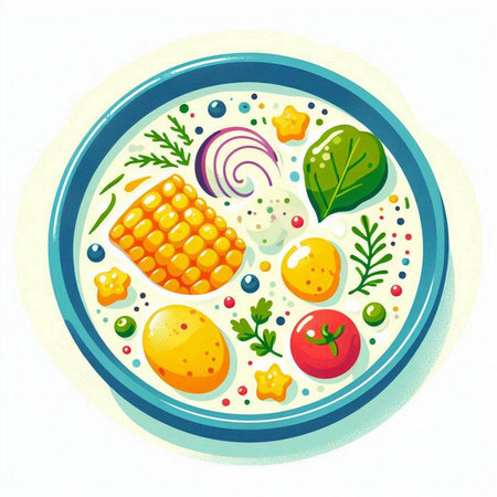 Illustration of a bowl of vegetable soup with corn, tomato, carrot, onion and cucumberのイラスト素材
