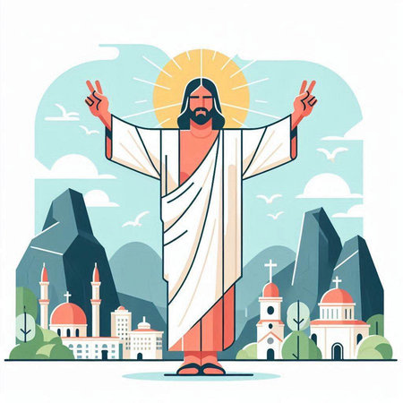 Jesus Christ on the background of the city. Vector illustration in flat styleのイラスト素材