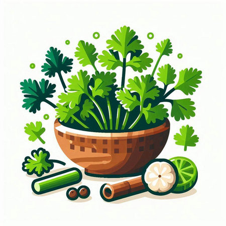 Coriander, parsley in a basket. Vector illustration.のイラスト素材