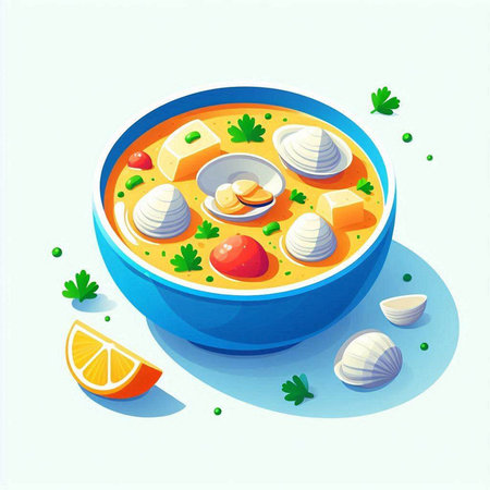 Bowl of soup with vegetables and cheese. Vector illustration on white background.のイラスト素材