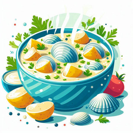 Vector illustration of bowl of potato cream soup decorated with parsley and dillのイラスト素材