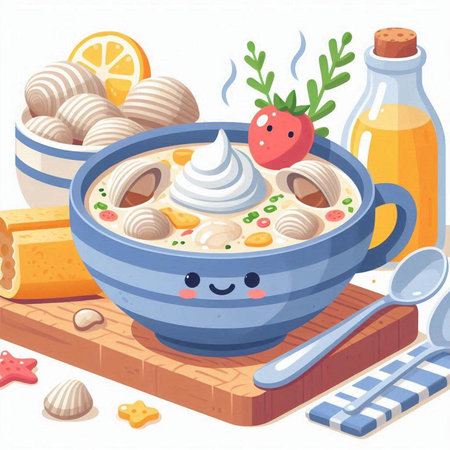 Cartoon vector illustration of a bowl of porridge with fruits and vegetablesのイラスト素材