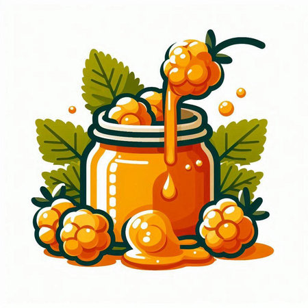 Jar of honey with raspberries and leaves. Vector illustration.のイラスト素材