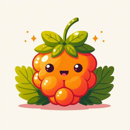 Cute cartoon raspberries with green leaves. Vector illustration.のイラスト素材