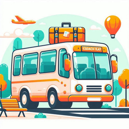 Bus with luggage on the road. Vector illustration in flat style.のイラスト素材