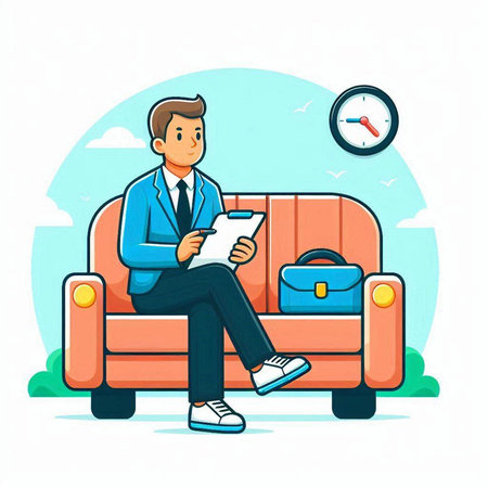 Businessman sitting on sofa and writing in paper. Vector illustration.のイラスト素材