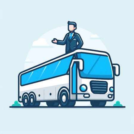 Businessman standing near bus. Vector illustration in flat cartoon style.のイラスト素材