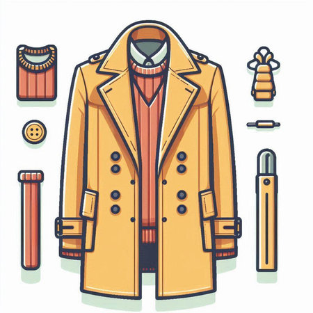 Vector illustration of coat and accessories in doodle style on white backgroundのイラスト素材