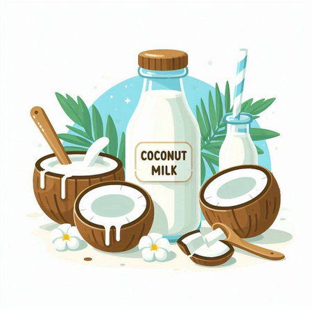 Coconut milk and fresh coconut on white background, vector illustrationのイラスト素材
