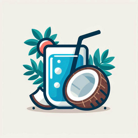 Coconut water in glass with tropical leaves. Flat vector illustration.のイラスト素材
