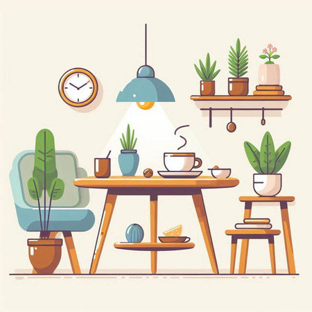 Coffee shop interior. Furniture and accessories in flat style. Vector illustration.のイラスト素材