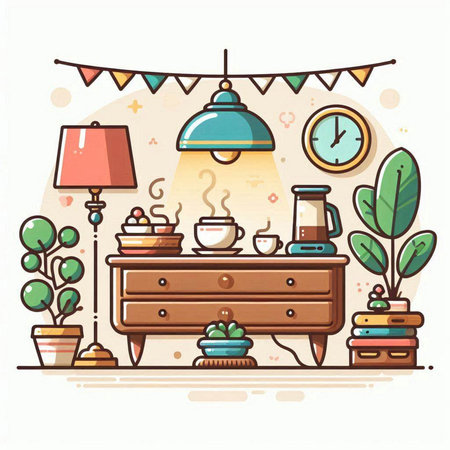 Coffee shop, cafe interior with cup of hot drink, table, lamp, books, plants. Vector illustrationのイラスト素材