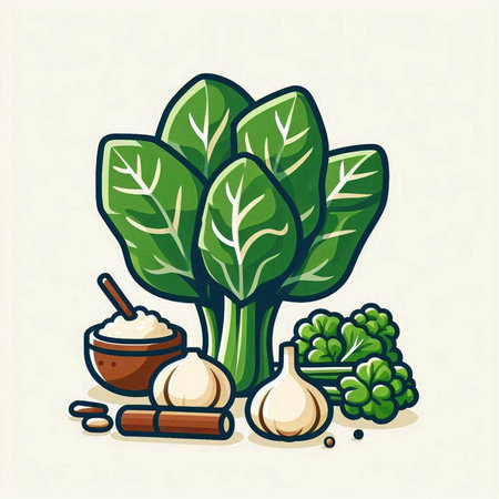 Vegetables and herbs. Vector illustration of spinach, garlic, onion, parsley.のイラスト素材