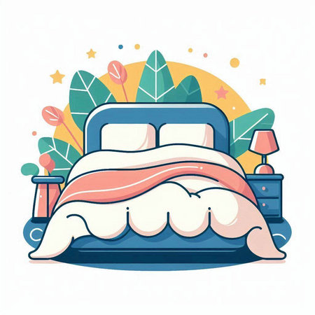 Vector illustration of a bed with a pillow and a blanket in a flat style.のイラスト素材