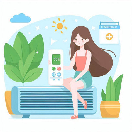 Woman using air conditioner. Flat design vector illustration concept of air conditioner.のイラスト素材