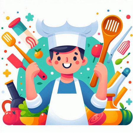 Cartoon chef boy cooking in the kitchen. Vector illustration in flat styleのイラスト素材