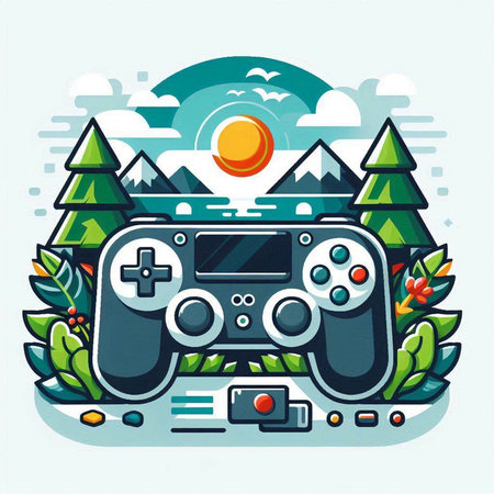 Gamepad in the forest. Vector illustration of a flat design style.のイラスト素材