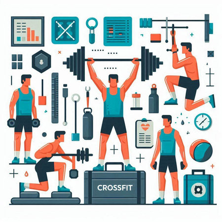 Fitness and healthy lifestyle concept. Vector flat style cartoon illustration of man doing exercises with barbell, dumbbells, gym equipment.のイラスト素材