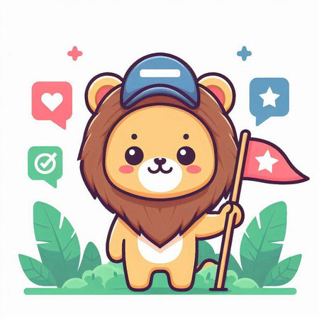 Cute lion in baseball cap with flag on white background. Vector illustration.のイラスト素材