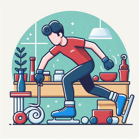 Man on roller skates in the kitchen. Flat vector illustration.のイラスト素材