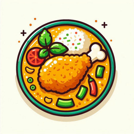 Illustration of fried chicken with rice and vegetables in cartoon style.のイラスト素材
