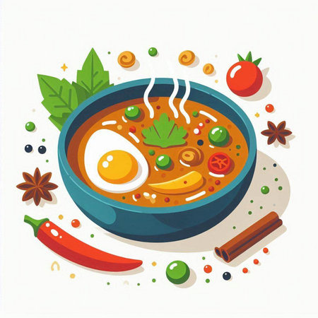 Spicy Thai soup with egg and vegetables. Vector illustration in flat style.のイラスト素材