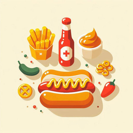 Fast food icons set. Hot dog, french fries, ketchup, mustard. Vector illustrationのイラスト素材