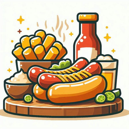 Illustration of Grilled Sausages and French Fries on a Wooden Boardのイラスト素材