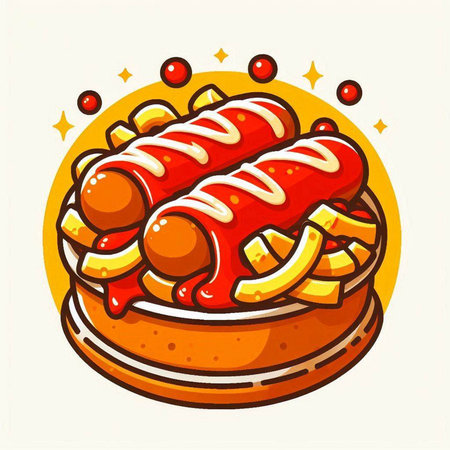 Vector illustration of hot dog with ketchupnnaise, mustard and appleのイラスト素材