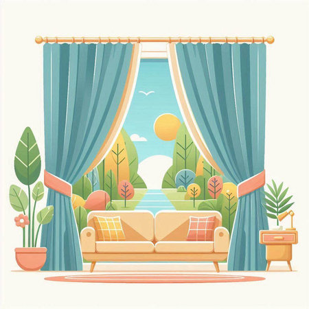 Living room interior with curtains and sofa. Vector illustration in flat styleのイラスト素材
