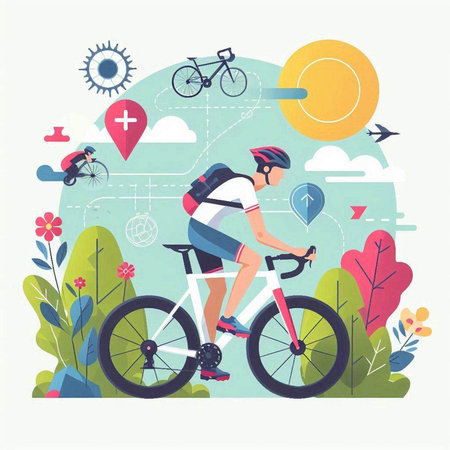 Cyclist riding bike in the park. Flat vector illustration.のイラスト素材