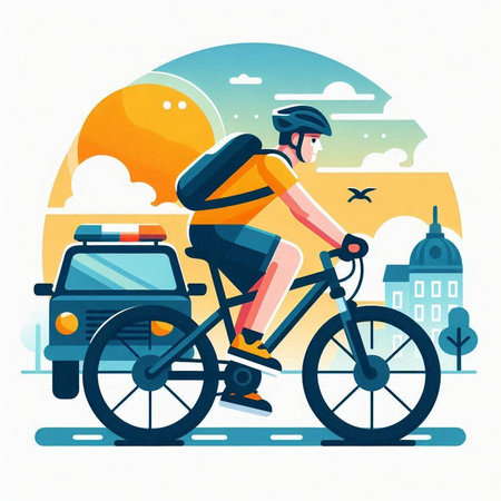 Cyclist riding bicycle in the city. Vector flat illustration.のイラスト素材