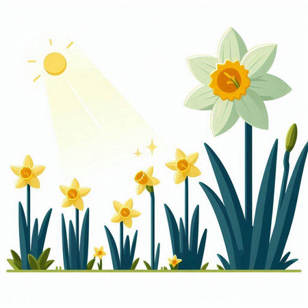 Narcissus flowers and sun on white background. Vector illustration.のイラスト素材