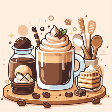 Coffee time. Coffee cup with whipped cream and sweets. Vector illustration.のイラスト素材