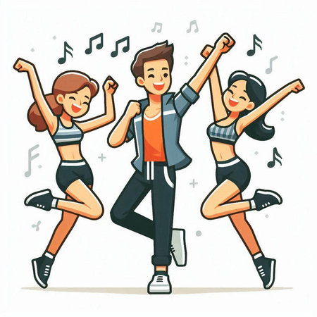 Group of happy young people dancing and listening to music. Vector illustration.のイラスト素材