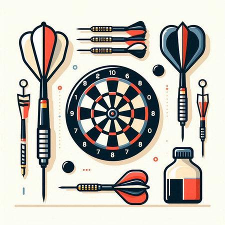 Darts and darts equipment set. Vector illustration in flat style.のイラスト素材