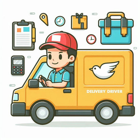 Delivery van with boy and bird. Vector illustration in cartoon style.のイラスト素材