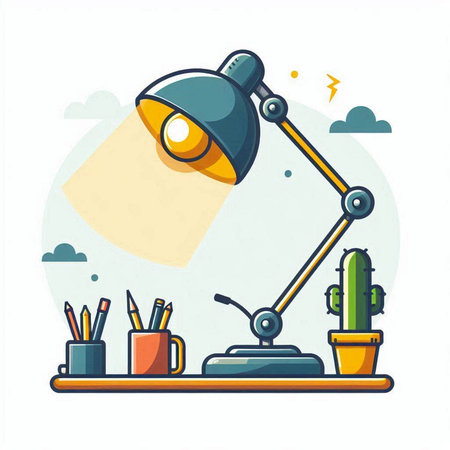 Vector illustration of a working desk with a lamp and stationery.のイラスト素材