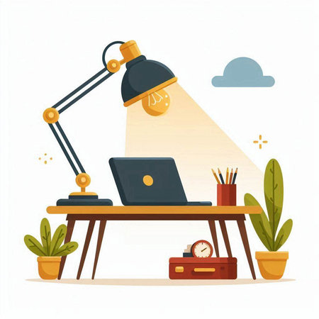 Laptop on desk with lamp. Work at home concept. Vector illustrationのイラスト素材