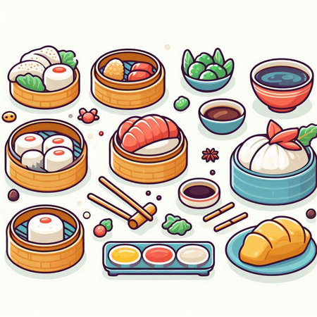 Illustration of a set of sushi and rolls in a flat styleのイラスト素材