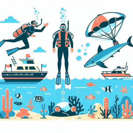 Scuba diving flat vector illustration. Scuba divers, seagull, paraglider and coral reef.のイラスト素材