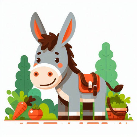 Donkey and carrot in the garden. Vector illustration in flat styleのイラスト素材