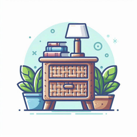 Cabinet with drawers, books and plants. Vector illustration.のイラスト素材