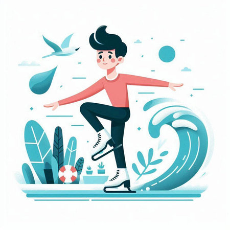 Young man practicing figure skating. Winter sports. Vector illustration in cartoon style.のイラスト素材