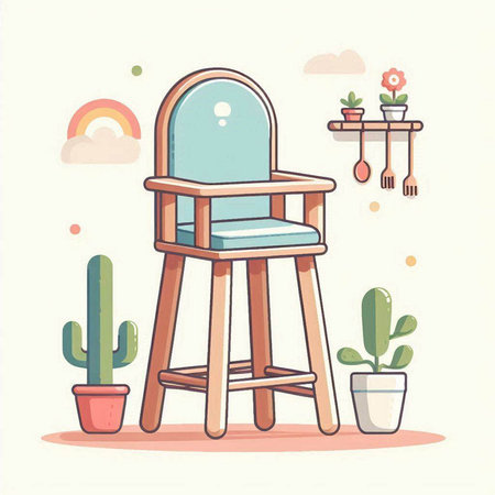 Vector illustration of a chair with a table and a flower in a potのイラスト素材